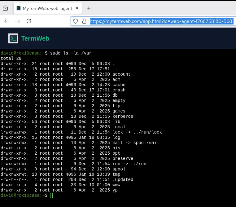 MyTermWeb browser interface showing active SSH session and Session ID